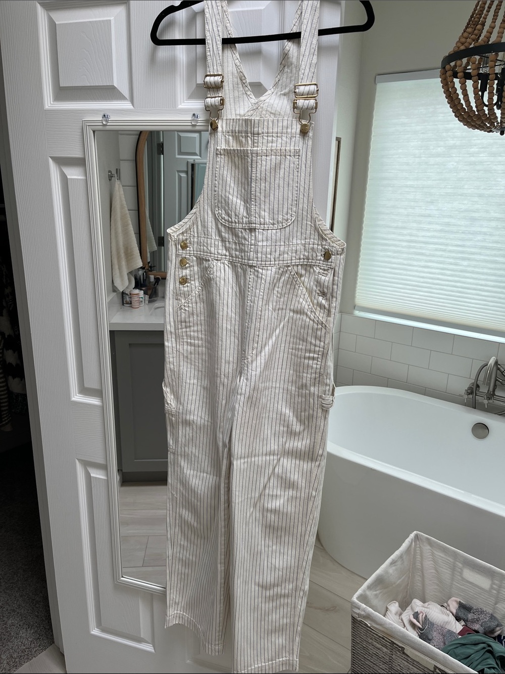 Madewell Women’s Cream Pinstripe Overalls Jumpsuit
